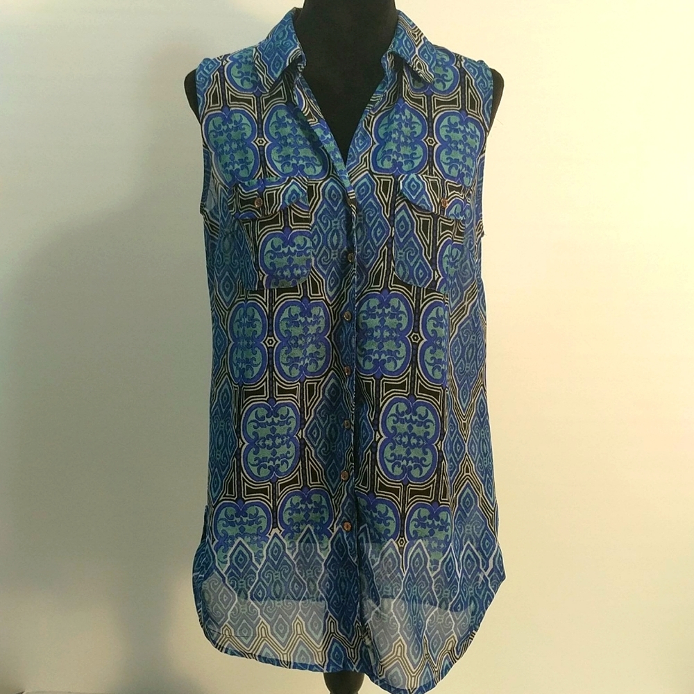 Sunny Leigh Blue Print Sleeveless Lightweight Top Size M